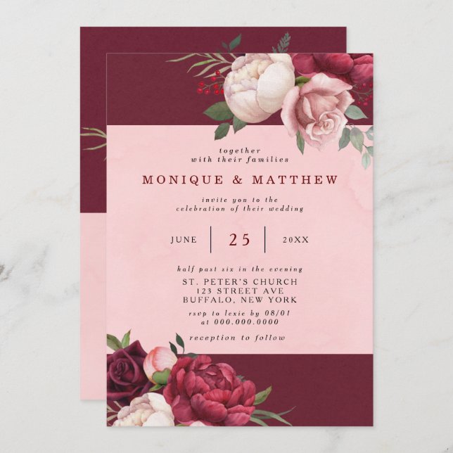 Burgundy and Blush Pink Peony Bouquet Wedding Invitation (Front/Back)