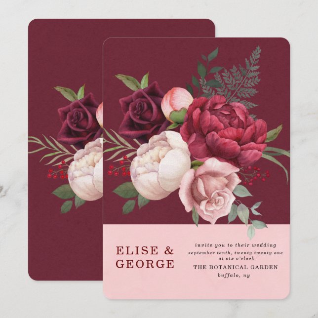 Burgundy and Blush Pink Peony Bouquet Wedding Invitation (Front/Back)
