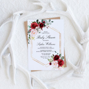 Burgundy and Blush Pink Rose Baby Shower Invitation