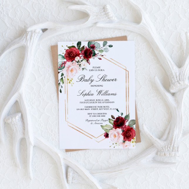 Burgundy and Blush Pink Rose Baby Shower Invitation (Creator Uploaded)