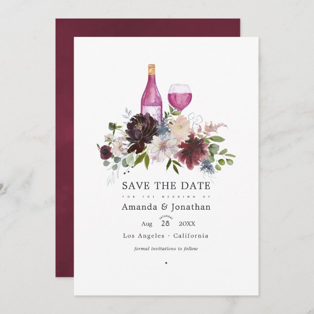Burgundy and Blush Pink Wine Tasting Wedding Save The Date (Front/Back)
