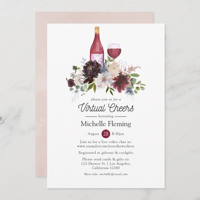 Burgundy and Blush Pink Wine Virtual Bridal Shower Invitation (Front/Back)