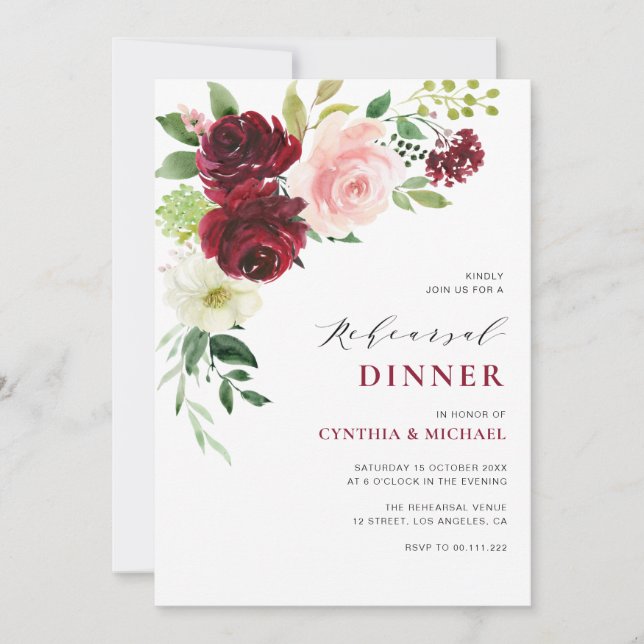 burgundy and blush rehearsal dinner invitation (Front)