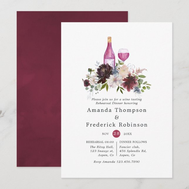 Burgundy and Blush Rehearsal Dinner Wine Tasting Invitation (Front/Back)