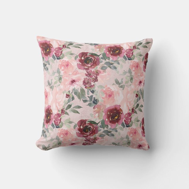 Burgundy and Blush Roses on Pink Cushion (Front)