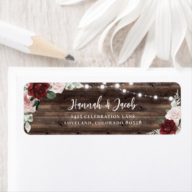 Burgundy and Blush Rustic Wedding Return Address Label (Insitu)