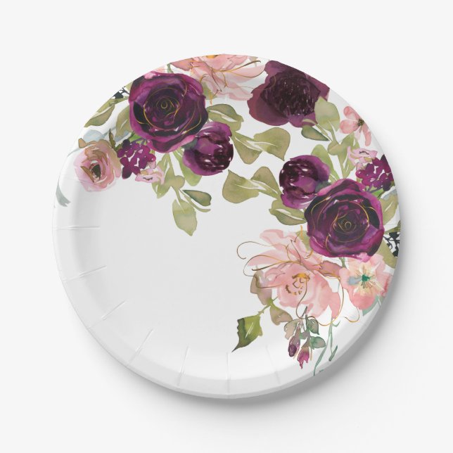Burgundy and Blush Watercolor Floral Bouquet Paper Plate (Front)