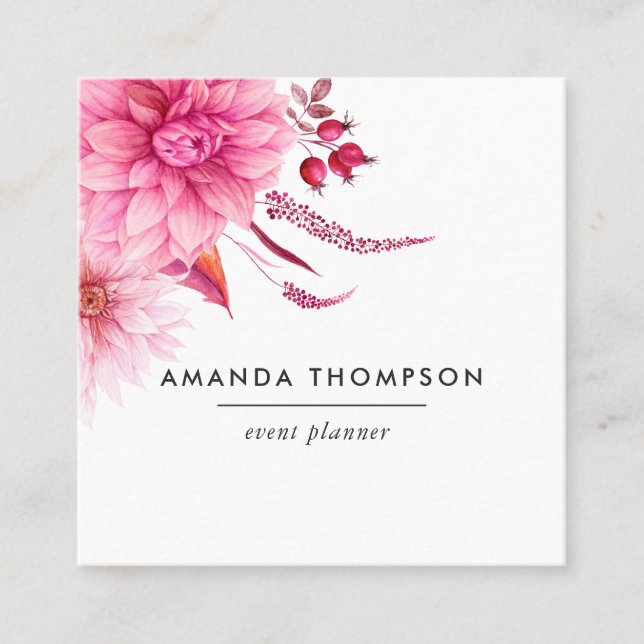 Burgundy and Blush Watercolor Floral Square Business Card (Front)