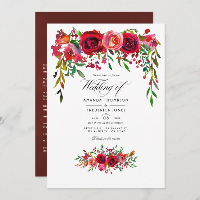 Burgundy and Blush Watercolor Floral Wedding Invitation (Front/Back)