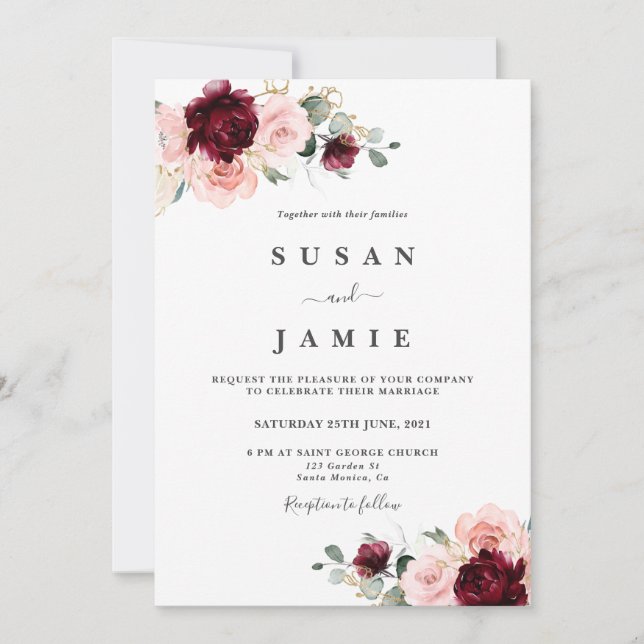 Burgundy and blush watercolor floral wedding invitation (Front)