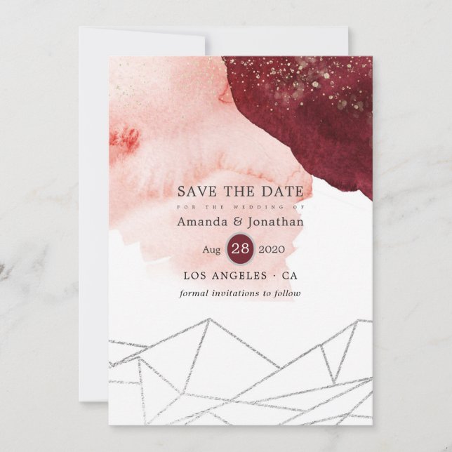 Burgundy and Blush Watercolor Geometric Wedding Save The Date (Front)