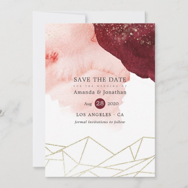 Burgundy and Blush Watercolor Geometric Wedding Save The Date (Front)
