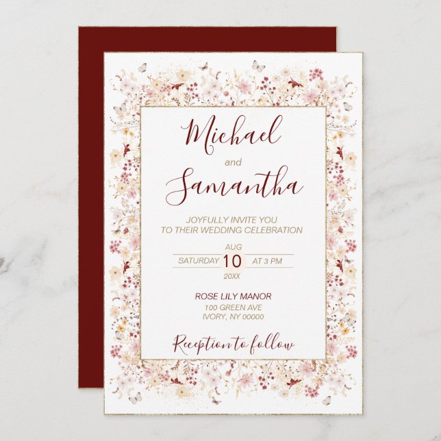 Burgundy and Blush Wildflower Wedding Invitation (Front/Back)