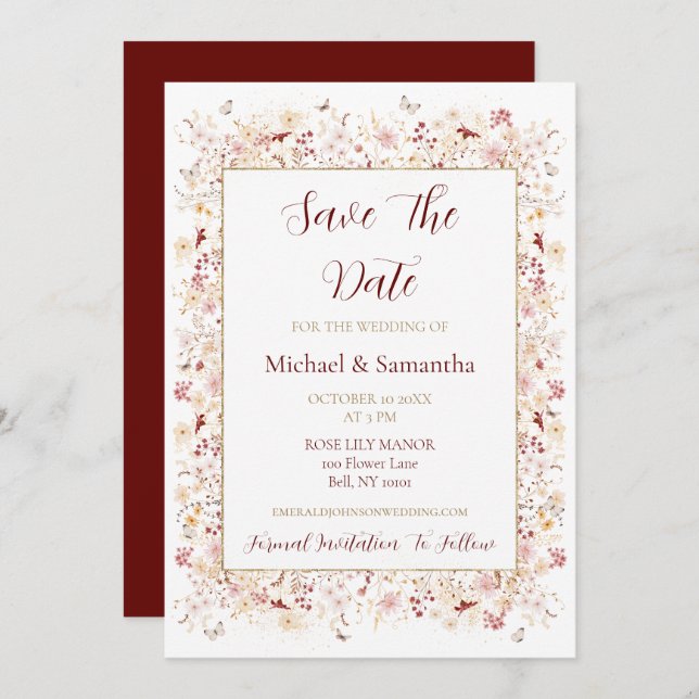 Burgundy and Blush Wildflower Wedding Save The Date (Front/Back)