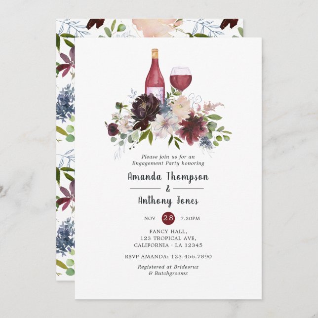 Burgundy and Blush Wine Tasting Engagement Party Invitation (Front/Back)