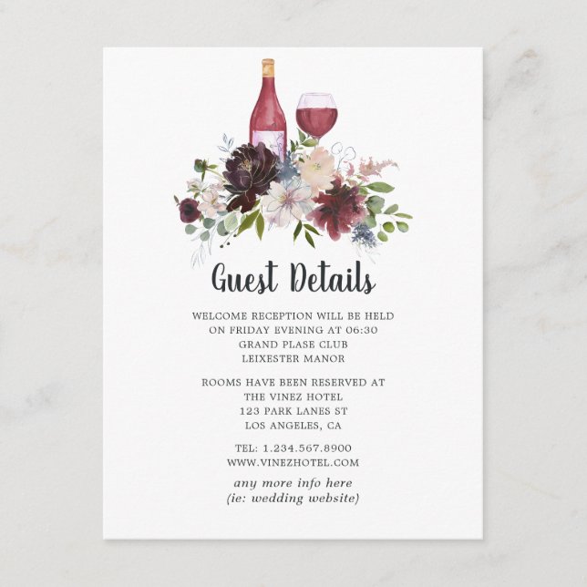 Burgundy and Blush Wine Theme Floral Guest Details Enclosure Card (Front)