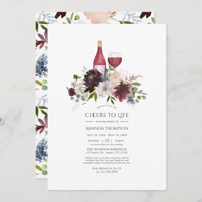 Burgundy and Blush Wine themed Celebration of Life Invitation (Front/Back)