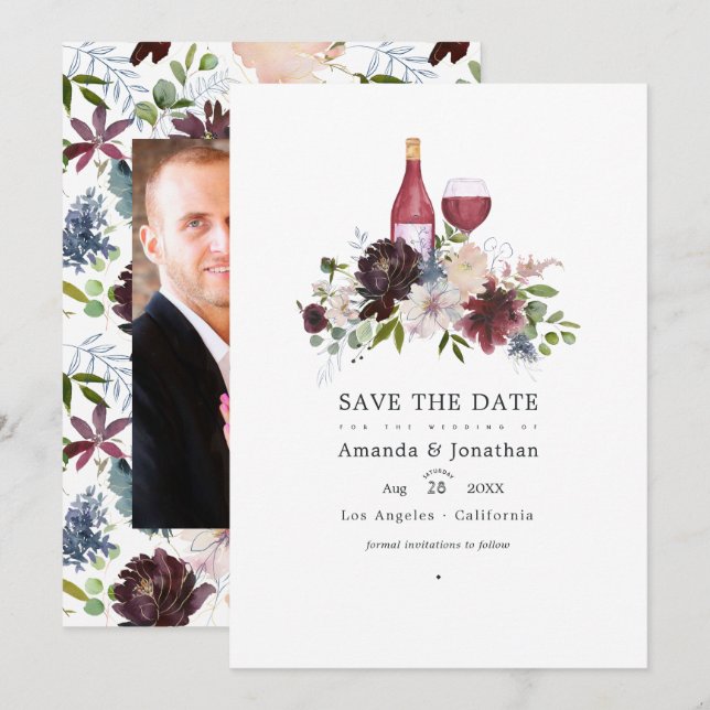 Burgundy and Blush Wine themed Wedding Save The Date (Front/Back)