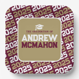 Burgundy and Bronze Gold Personalised Graduation Paper Plate