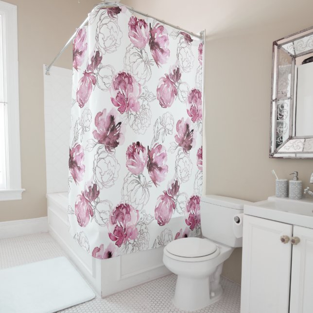 Burgundy and Carmine Sketched Watercolor Flowers Shower Curtain (In Situ)