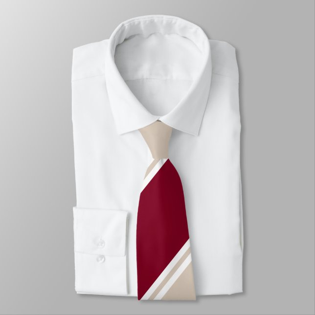 Burgundy and Champagne-Coloured Regimental Stripe Tie (Tied)