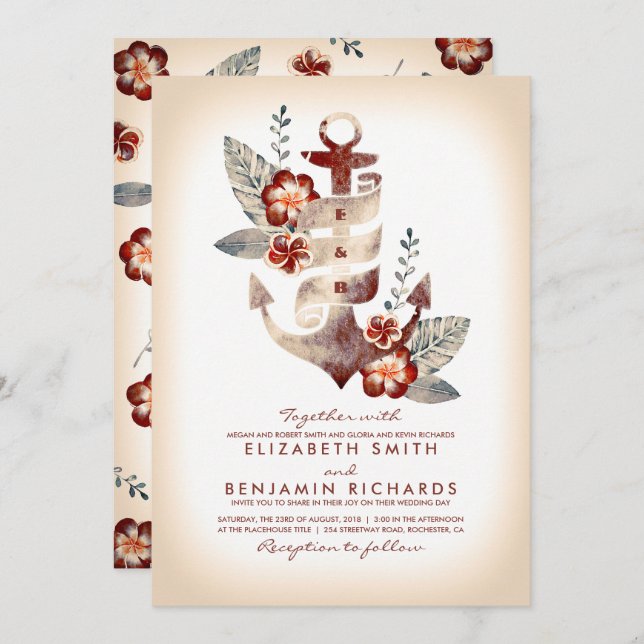 Burgundy and Champagne Nautical Beach Wedding Invitation (Front/Back)