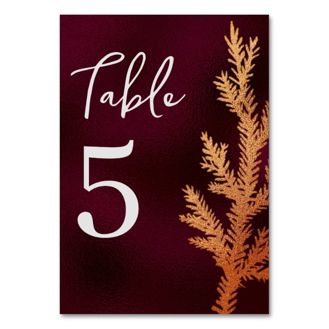 Burgundy and Copper Winter Wedding Pine Branch Table Number (Front)