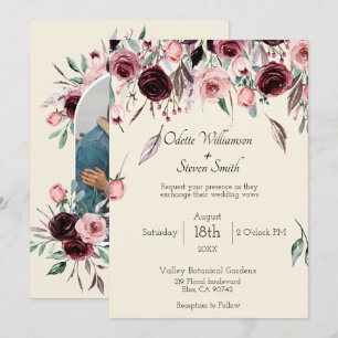 Burgundy and Cream Floral Custom Photo Wedding Invitation