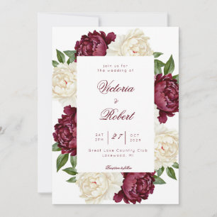 Burgundy and Cream Peony Floral Wedding Invitation