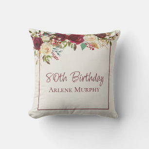 Burgundy and Cream Rose 80th Birthday Cushion