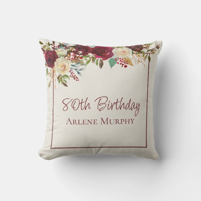 Burgundy and Cream Rose 80th Birthday Cushion (Front)