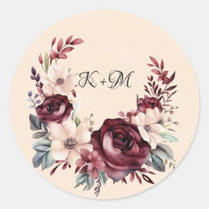 Burgundy and Cream Watercolor Roses Wedding Classic Round Sticker