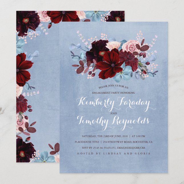 Burgundy and Dusty Blue Floral Engagement Party Invitation (Front/Back)