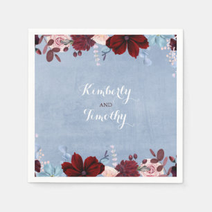 Burgundy and Dusty Blue Floral Watercolors Napkin