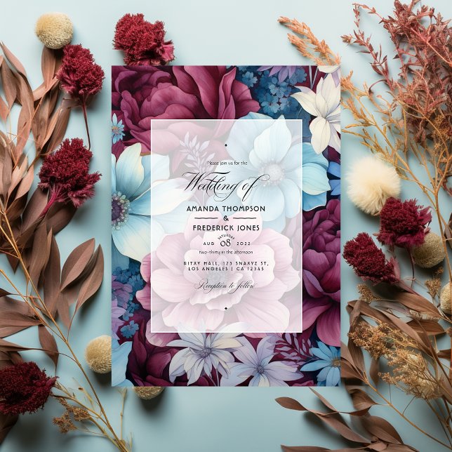 Burgundy and Dusty Blue Floral Wedding Invitation (Creator Uploaded)