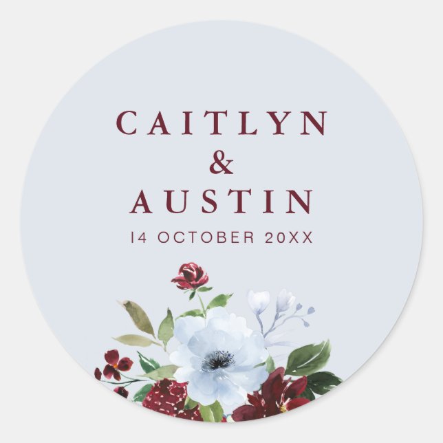 burgundy and dusty blue floral wedding sticker (Front)
