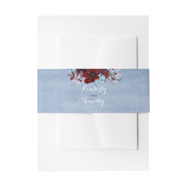 Burgundy and Dusty Blue Wedding Invitation Belly Band (Front Example)