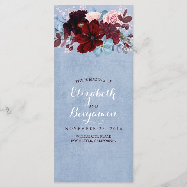 Burgundy and Dusty Blue Wedding Programs (Front)