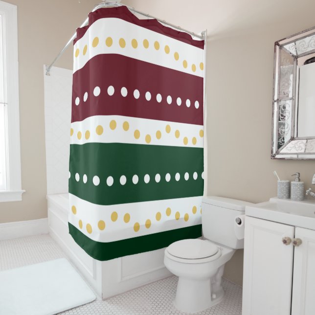 Burgundy and Emerald Stripes Polka Dots Christmas  Shower Curtain (In Situ)