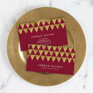Burgundy and Faux Gold Triangle Modern Geometric Business Card
