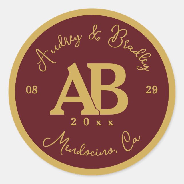 Burgundy and Gold 2 Letter Monogram Wedding Classic Round Sticker (Front)