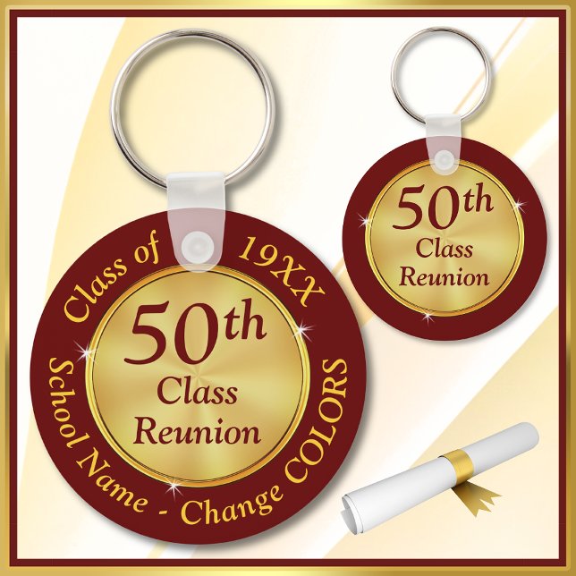 Burgundy and Gold, 50th Class Reunion Favours,  Key Ring (Maroon and Gold, 50th Class Reunion Gifts. 50 year class reunion ideas. 50th class reunion favors. )