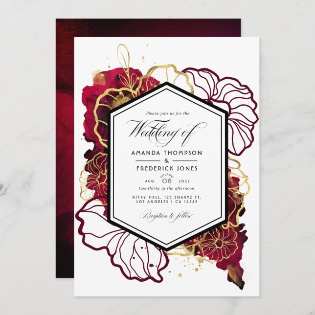 Burgundy and Gold Abstract Floral Wedding Photo Invitation (Front/Back)