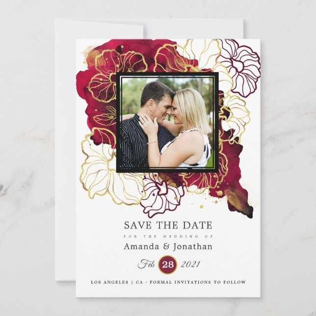Burgundy and Gold Abstract Floral Wedding Photo Save The Date (Front)