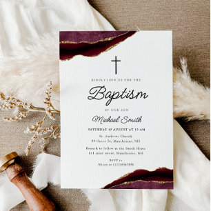 burgundy and gold agate baptism invitation