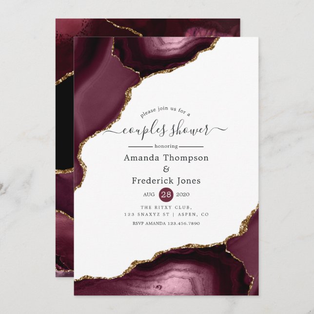 Burgundy and Gold Agate Couples Shower Invitation (Front/Back)