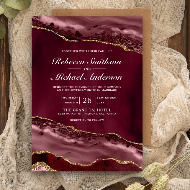 Burgundy and Gold Agate Marble Wedding Invitation (Creator Uploaded)