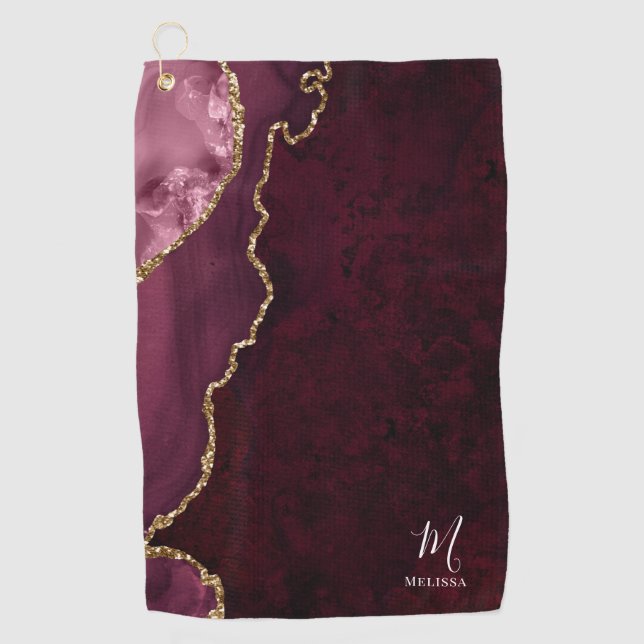 burgundy and gold agate monogrammed golf towel (Front)