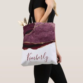 burgundy and gold agate personalised name tote bag