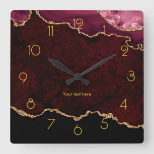 Burgundy and Gold Agate Personalised Square Wall C Square Wall Clock